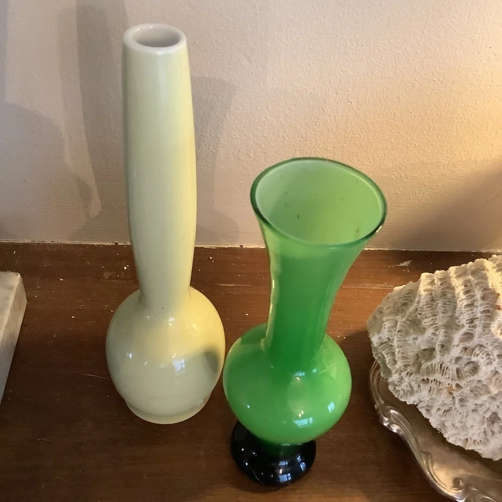 Collection of 2 Vintage MCM Green Yellow Hues Bud Vases Japan